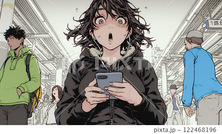 スマホの画面を見て驚いている若い女性
