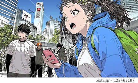 スマホの画面を見て驚いている若い女性