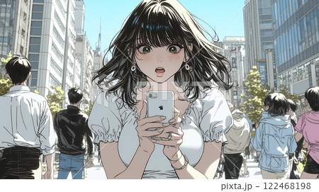 スマホの画面を見て驚いている若い女性