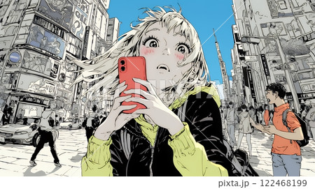 スマホの画面を見て驚いている若い女性
