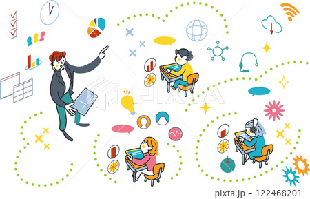 教室で授業をするICT教育の講師と生徒とシンボリックなアイコン　セットのストックイラスト素材	 122468201