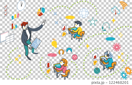 教室で授業をするICT教育の講師と生徒とシンボリックなアイコン　セットのストックイラスト素材	 122468201