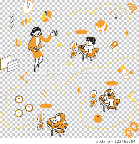 一組 ICT 教育教師和學生在課堂上教學的符號圖示的庫存插圖素材 122468204