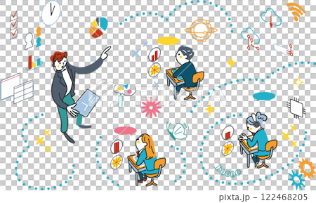 Stock illustration material of a set of symbolic icons of ICT education instructors and students teaching in the classroom 122468205