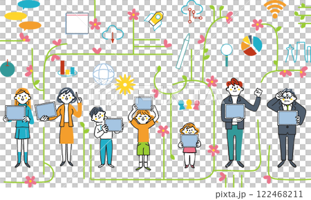 ICT education and people connected through networks Stock illustration material of a set of IT symbolic icons ICT education and people connected through networks Stock illustration material of a set of IT symbolic icons 122468211