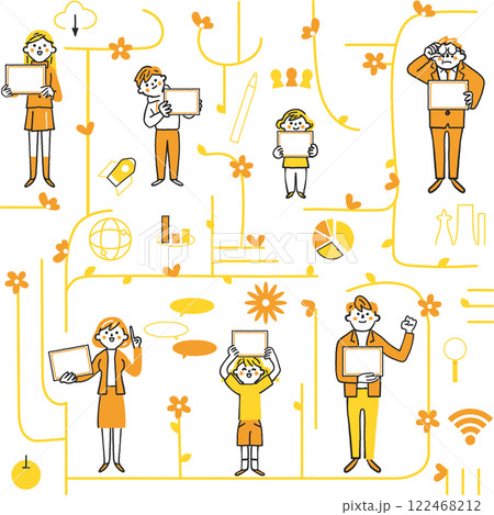 ICT教育とネットワークで繋がる人々　ITのシンボリックなアイコンのセットのストックイラスト素材 122468212