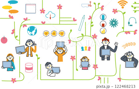 ICT教育とネットワークで繋がる人々　ITのシンボリックなアイコンのセットのストックイラスト素材 122468213