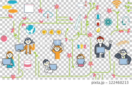 ICT教育とネットワークで繋がる人々　ITのシンボリックなアイコンのセットのストックイラスト素材 122468213