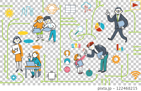 ICT education and people connected through networks Stock illustration material of a set of IT symbolic icons ICT education and people connected through networks Stock illustration material of a set of IT symbolic icons 122468215