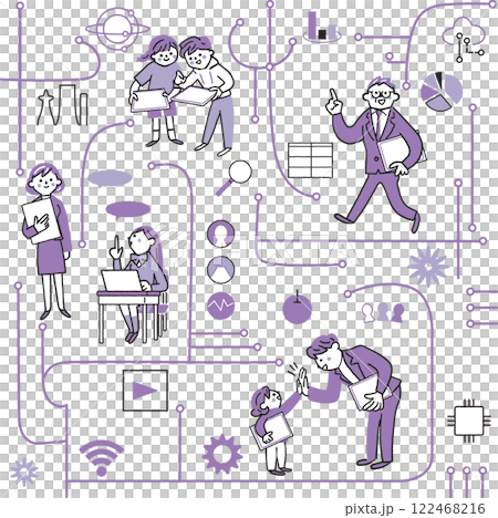 ICT education and people connected through networks Stock illustration material of a set of IT symbolic icons 122468216