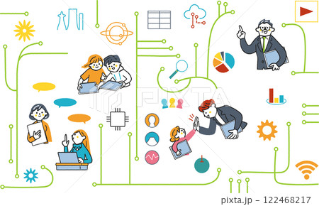 ICT教育とネットワークで繋がる人々　ITのシンボリックなアイコンのセットのストックイラスト素材 122468217