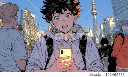 スマホの画面を見て驚いている若い男性