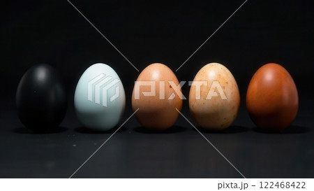 Five differently colored eggs are arranged from left to right on a black background. The eggs showcase various shades, creating an interesting visual contrast and appeal. 122468422