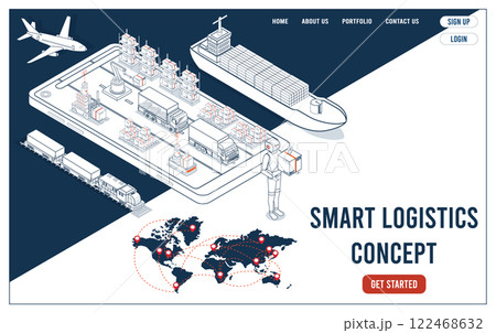 3D isometric template showcasing smart logistics solutions that integrate delivery robots, warehouse management systems, and transportation to optimize the entire supply chain process. 122468632