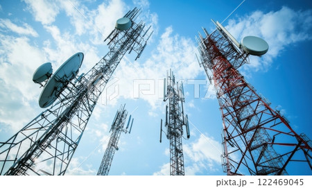 A group of tall towers with antennas on top, one of which is red and white A group of tall towers with antennas on top, one of which is red and white 122469045