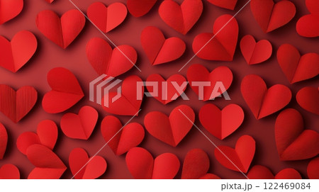 A red background with many paper hearts scattered around it 122469084