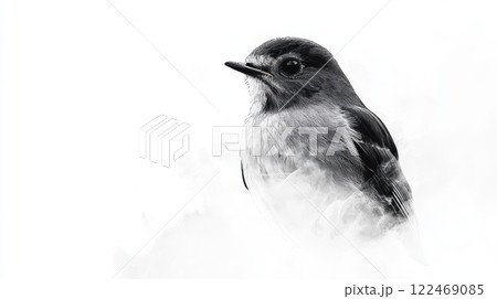 A black and white bird is sitting on a white background 122469085