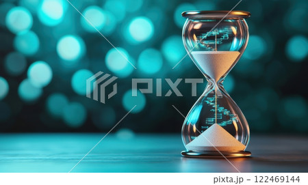 A glass hourglass with sand in it is on a table 122469144
