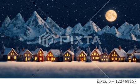 A small town with houses and a large moon in the sky 122469157
