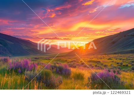 Dramatic Sunset Over Expansive Mountain Range Dramatic Sunset Over Expansive Mountain Range 122469321