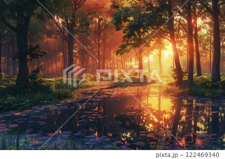 Twilight Reflections in a Serene Forest Lake 122469340