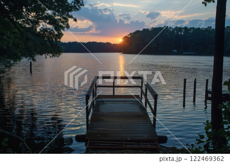 Serene Lake Sunset with Wooden Dock 122469362