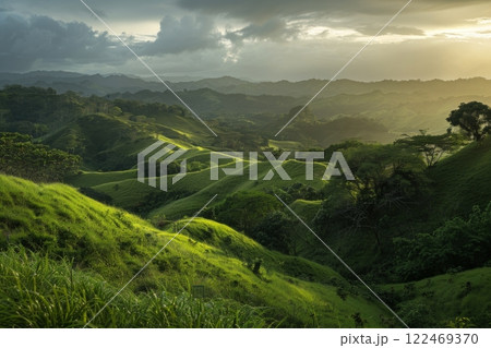 Sunrise Mist in Lush Green Hills Sunrise Mist in Lush Green Hills 122469370