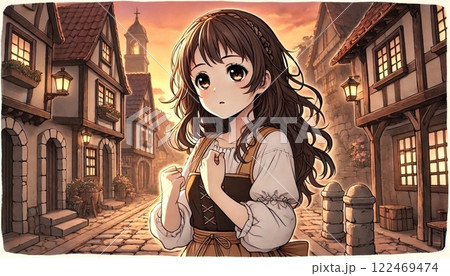 ファンタジー風の中世ヨーロッパの街並みと少女 122469474