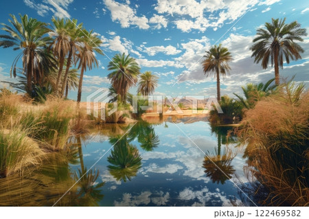 Oasis with Palm Trees in Desert Landscape 122469582