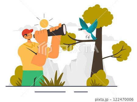 Bird Watching Vector Illustration featuring People Observing Bird in Nature with a Zoologist or Naturalist in a Park or Forest Setting in a Background Bird Watching Vector Illustration featuring People Observing Bird in Nature with a Zoologist or Naturalist in a Park or Forest Setting in a Background 122470006