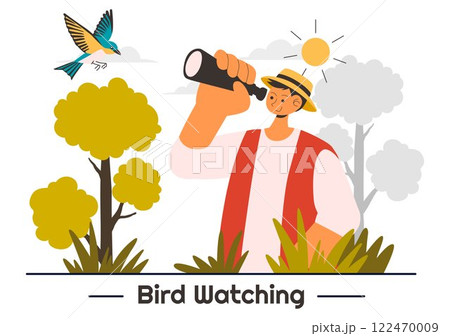 Bird Watching Vector Illustration featuring People Observing Bird in Nature with a Zoologist or Naturalist in a Park or Forest Setting in a Background Bird Watching Vector Illustration featuring People Observing Bird in Nature with a Zoologist or Naturalist in a Park or Forest Setting in a Background 122470009