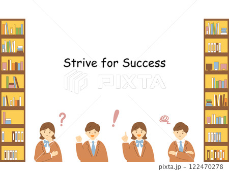 勉強をがんばる男女の学生と本棚 122470278