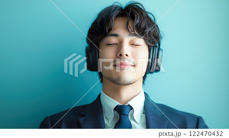 ヘッドフォンで音楽を聴くリラックスした表情のスーツ姿の男性 ヘッドフォンで音楽を聴くリラックスした表情のスーツ姿の男性 122470432