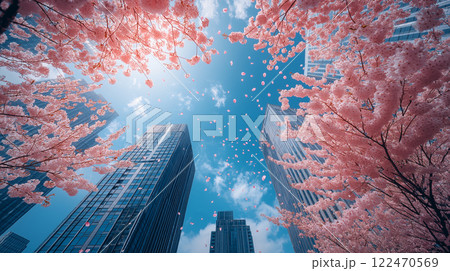 高層ビルと桜と青空 高層ビルと桜と青空 122470569