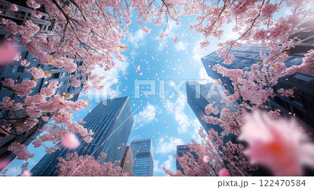 高層ビルと桜と青空 122470584