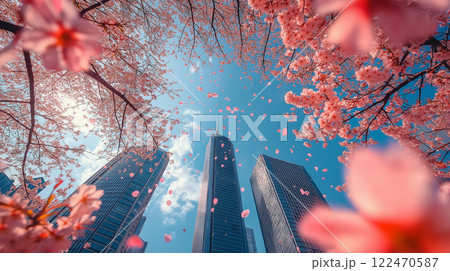 高層ビルと桜と青空 122470587