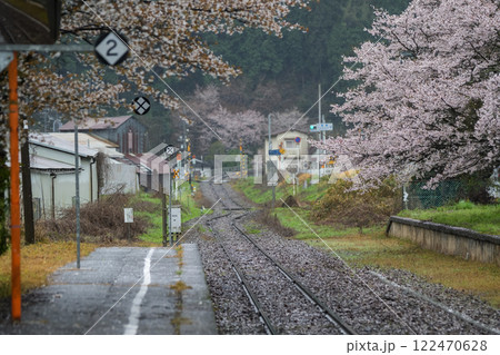 雨に濡れて、しっとりとしたローカル駅の桜 岡山県真庭市 姫新線「月田駅」 雨に濡れて、しっとりとしたローカル駅の桜 岡山県真庭市 姫新線「月田駅」 122470628