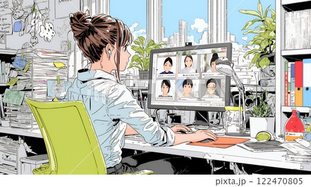 自宅からオンライン会議・授業に参加している女性