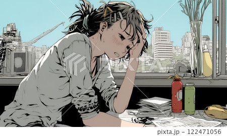 家計簿が赤字：心配事を抱えて憂鬱な気分の若い女性