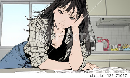 家計簿が赤字：心配事を抱えて憂鬱な気分の若い女性