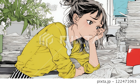 家計簿が赤字：心配事を抱えて憂鬱な気分の若い女性