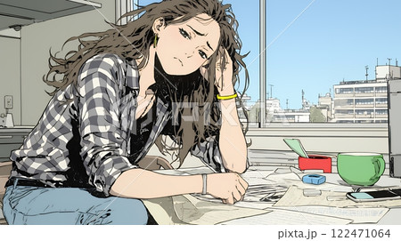 家計簿が赤字：心配事を抱えて憂鬱な気分の若い女性