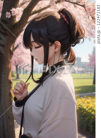 桜の木の下で、目を閉じて佇んている女性の横顔 桜の木の下で、目を閉じて佇んている女性の横顔 122471183