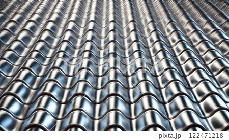 光沢のある金属製の波形屋根瓦のクローズアップ 光沢のある金属製の波形屋根瓦のクローズアップ 122471218