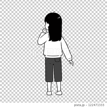 Elementary school student, girl worried about her back view, simple monochrome illustration Elementary school student, girl worried about her back view, simple monochrome illustration 122471333