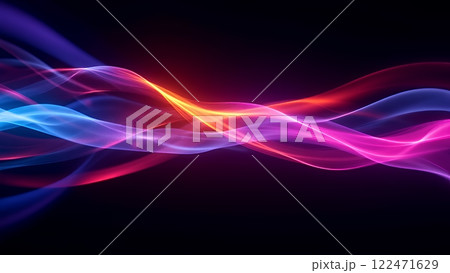 青、マゼンタ、オレンジ、赤の色調で描かれた流れるような半透明の光のリボン	 青、マゼンタ、オレンジ、赤の色調で描かれた流れるような半透明の光のリボン	 122471629