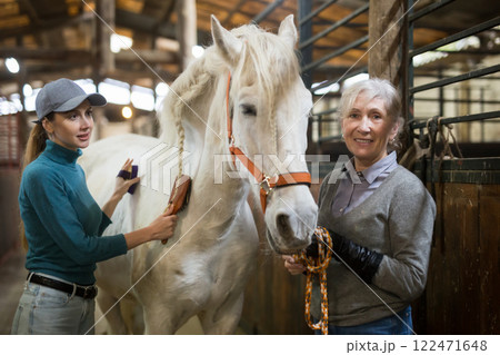 Two women caring for a white horse - brushing sides Two women caring for a white horse - brushing sides 122471648