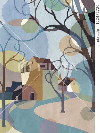 水彩絵の具で描いた抽象的な木と町の風景イラストレーション 122471726