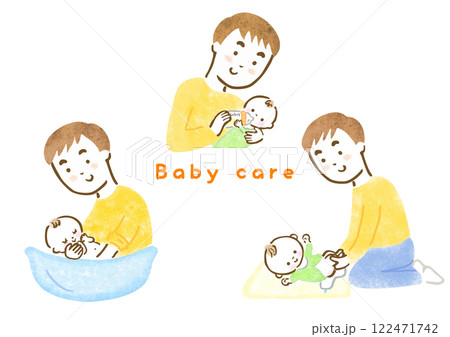 赤ちゃんのお世話をする父親の手描きイラストセット 赤ちゃんのお世話をする父親の手描きイラストセット 122471742