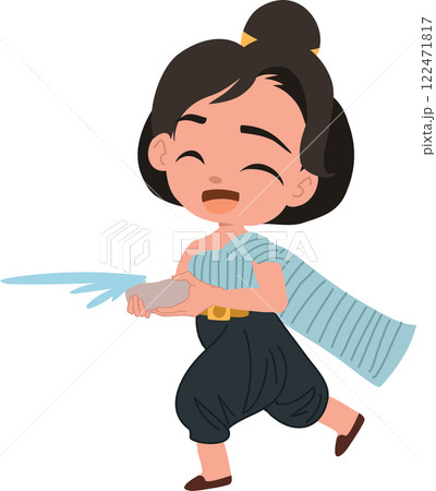 cute thai girl in traditional dress celebrating songkran with water bowl 122471817